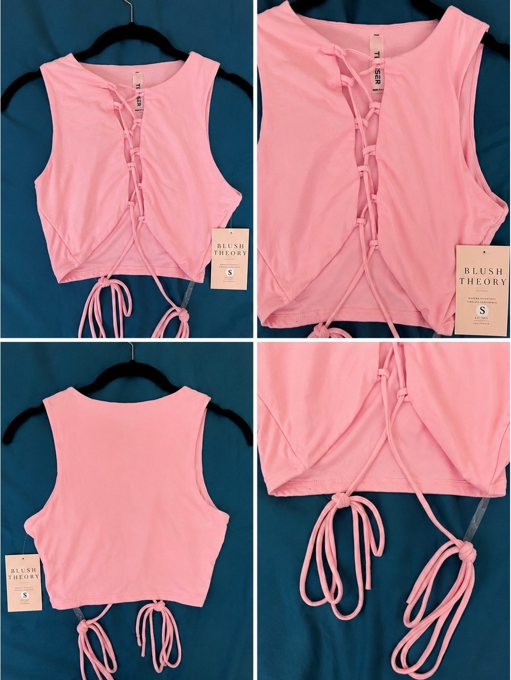Blush Theory Pink Lace Up Front Crop Top Sleeveless Women’s Size Small NWT